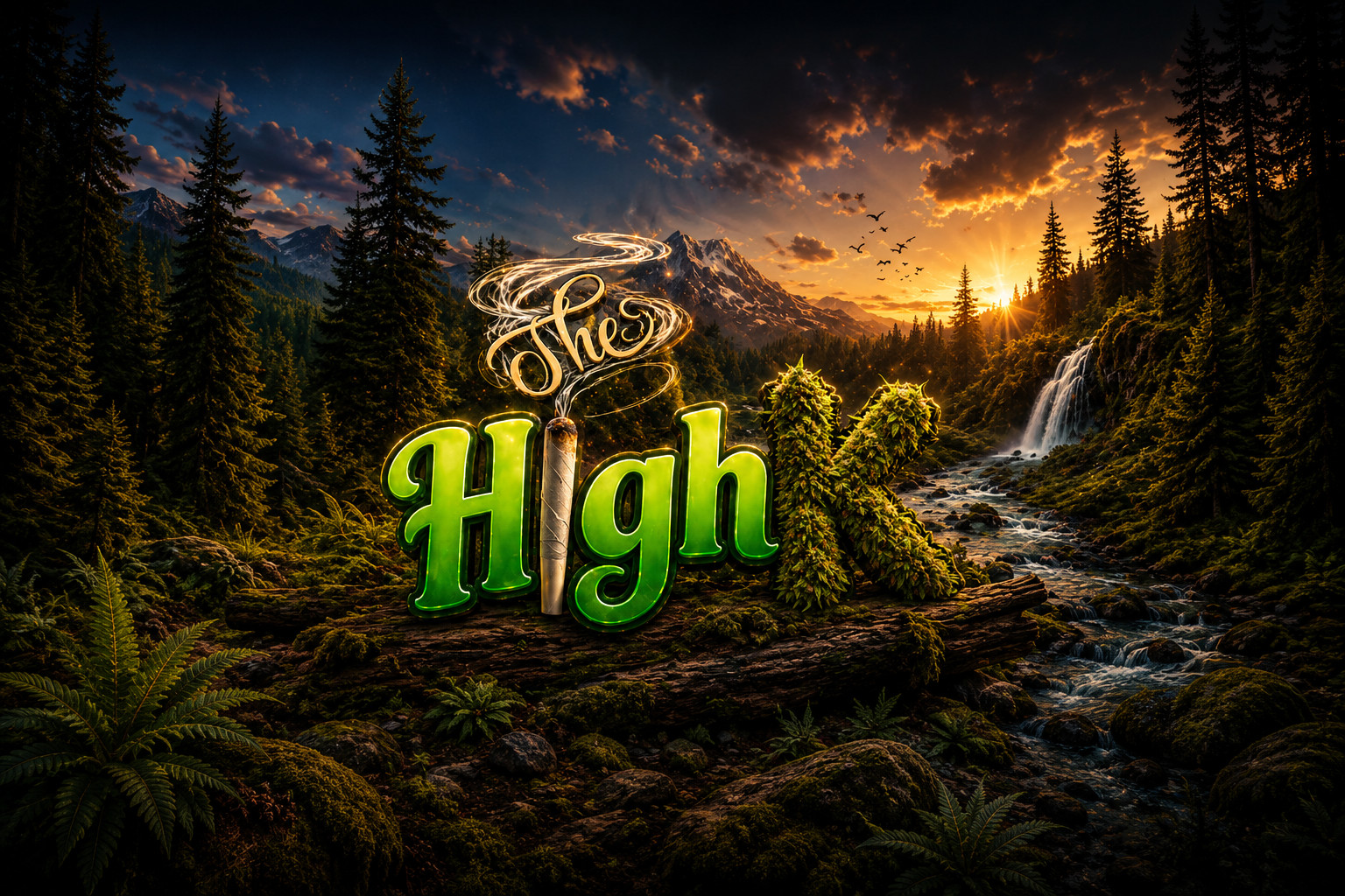 The HighK logo in a forest landscape at sunset