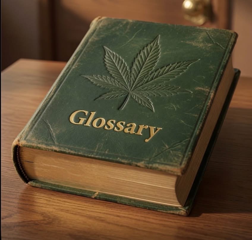 Cannabis glossary book featuring an embossed leaf