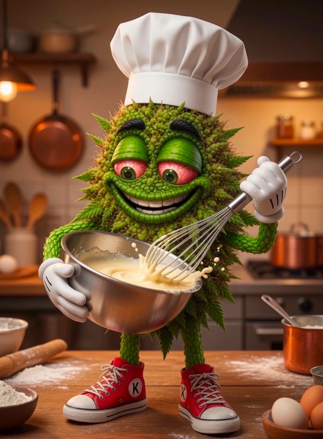 Buddie wearing a chef hat and whisking batter in a kitchen
