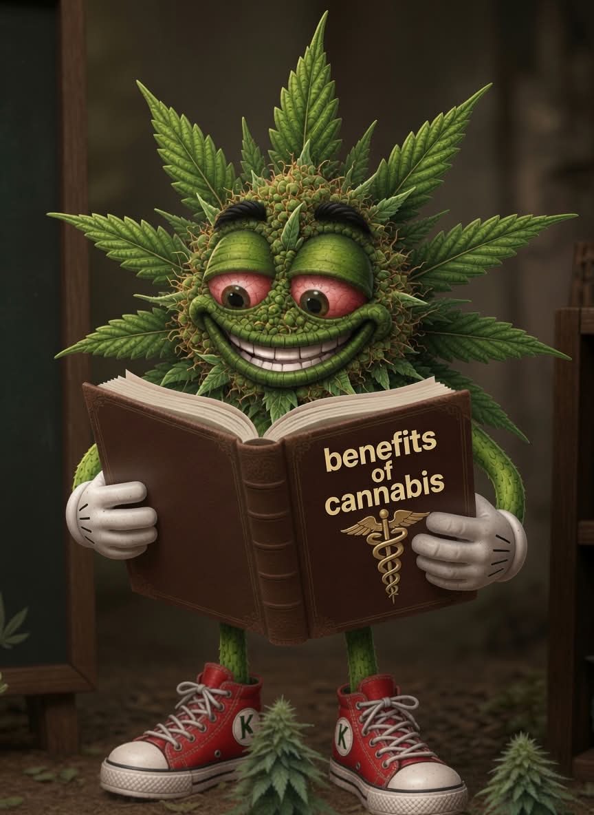 Buddie reading a book about cannabis