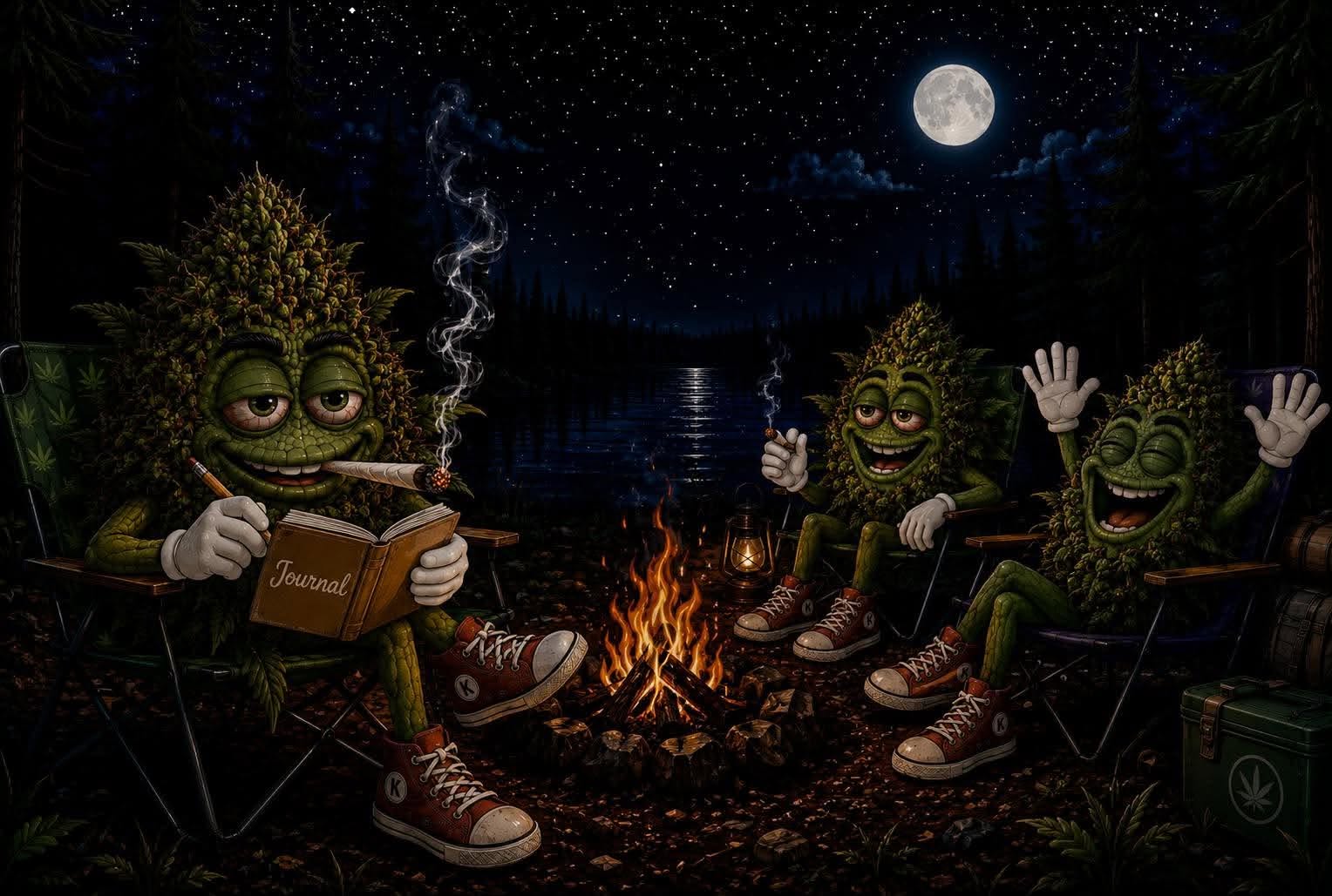 Buddie and friends relaxing around a campfire beneath the moon